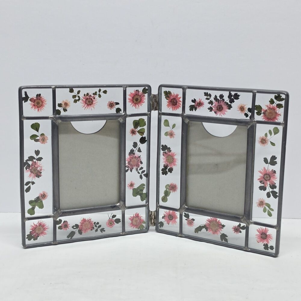 Pressed Flowers Metal Stained Glass Foldable Double Picture Frame By Malden